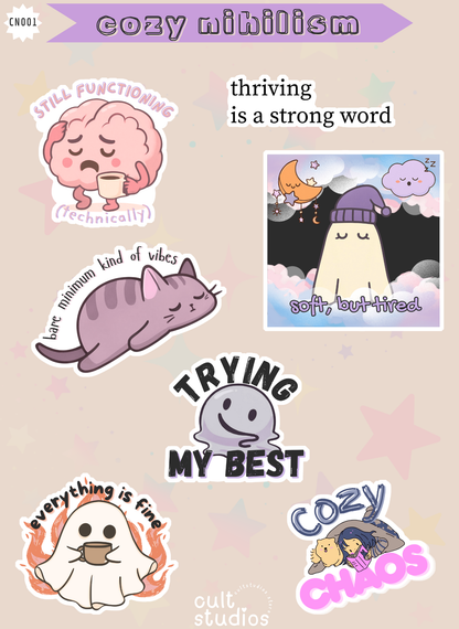 Cozy Nihilism Sticker Sheet | Soft Cynical Stickers for Burnt-Out Humans