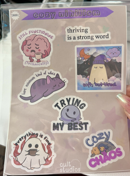 Cozy Nihilism Sticker Sheet | Soft Cynical Stickers for Burnt-Out Humans