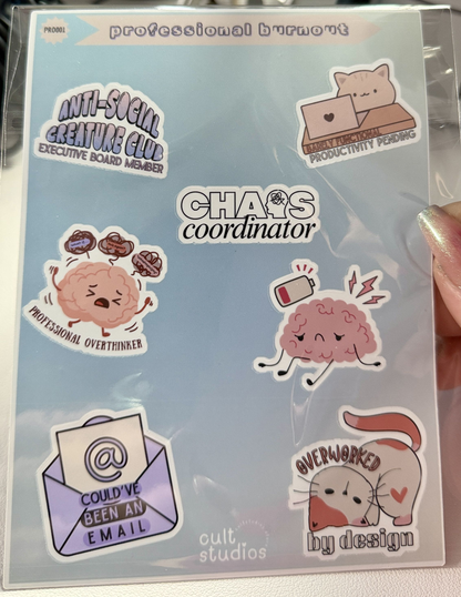 Professional Burnout Sticker Sheet | Work Humor Kiss-Cut Stickers