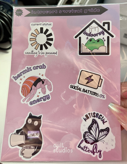 Introvert Survival Guide Sticker Sheet | Social Battery Humor Stickers