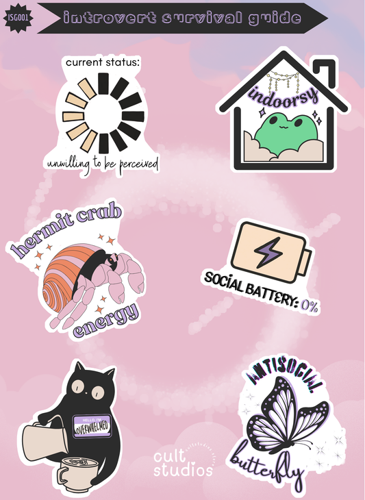 Introvert Survival Guide Sticker Sheet | Social Battery Humor Stickers