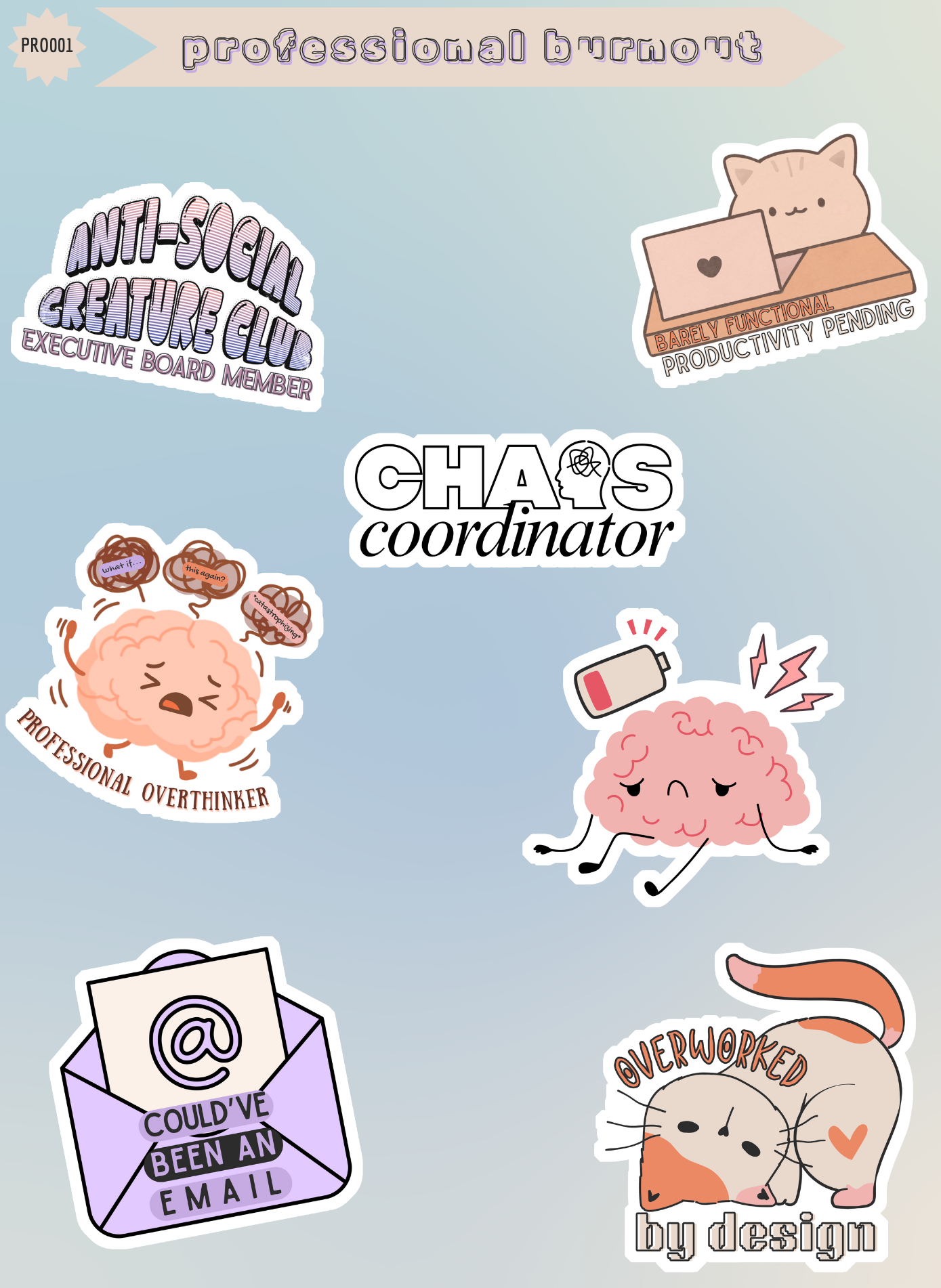 Professional Burnout Sticker Sheet | Work Humor Kiss-Cut Stickers